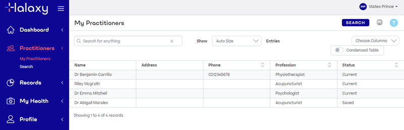 A list of practitioners and their details