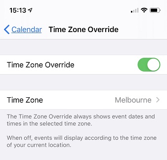 An iPhone's calendar settings. The Time Zone Override option is enabled.