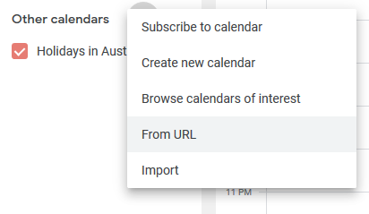 In Google, the user clicks to add an "other calendar" and selects "From URL"
