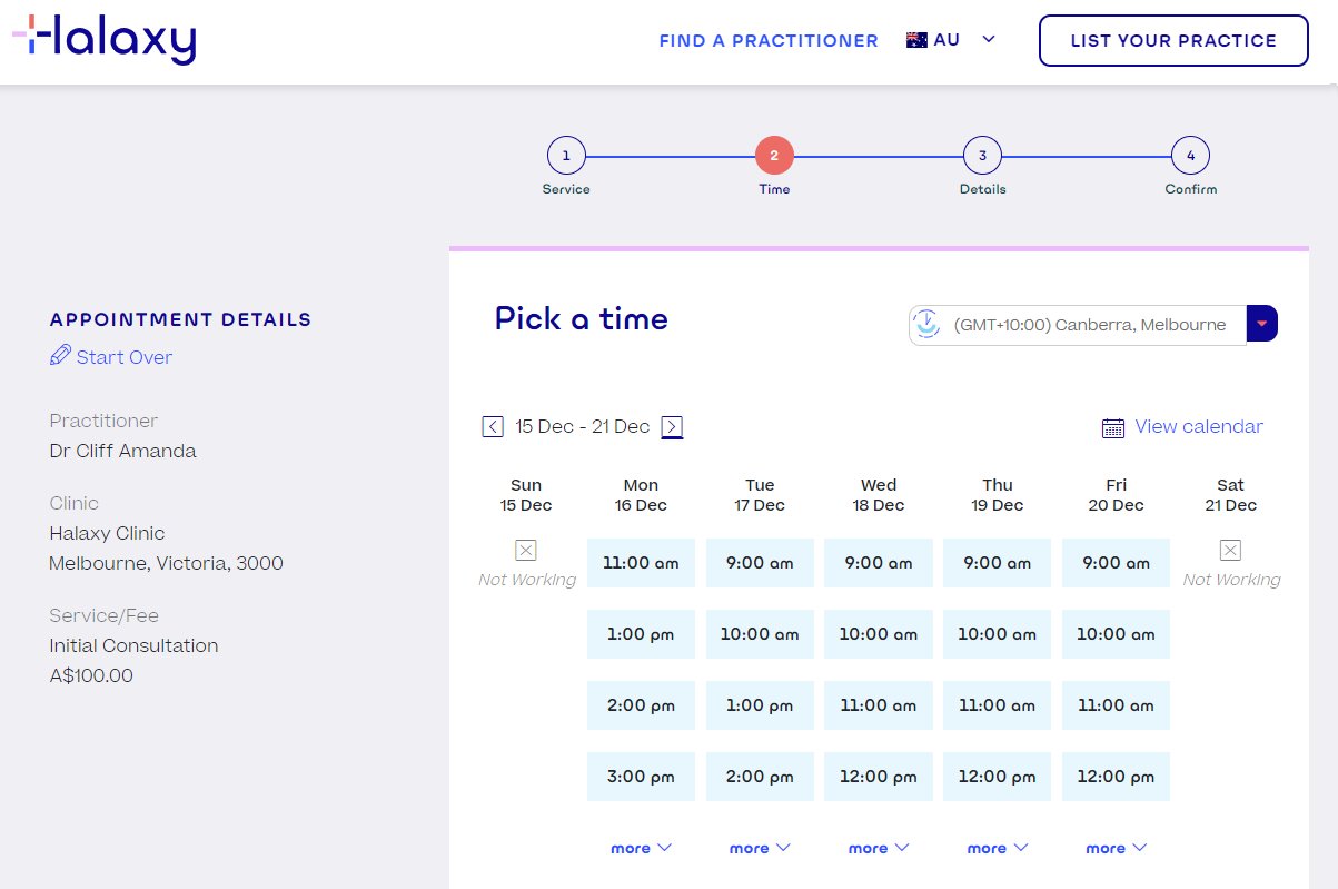 A list of appointment time slots for an online booking