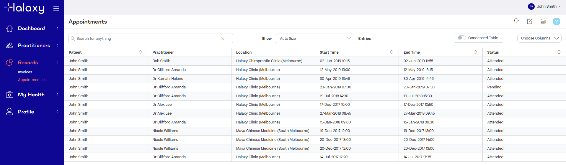 A list of appointments with different practitioners