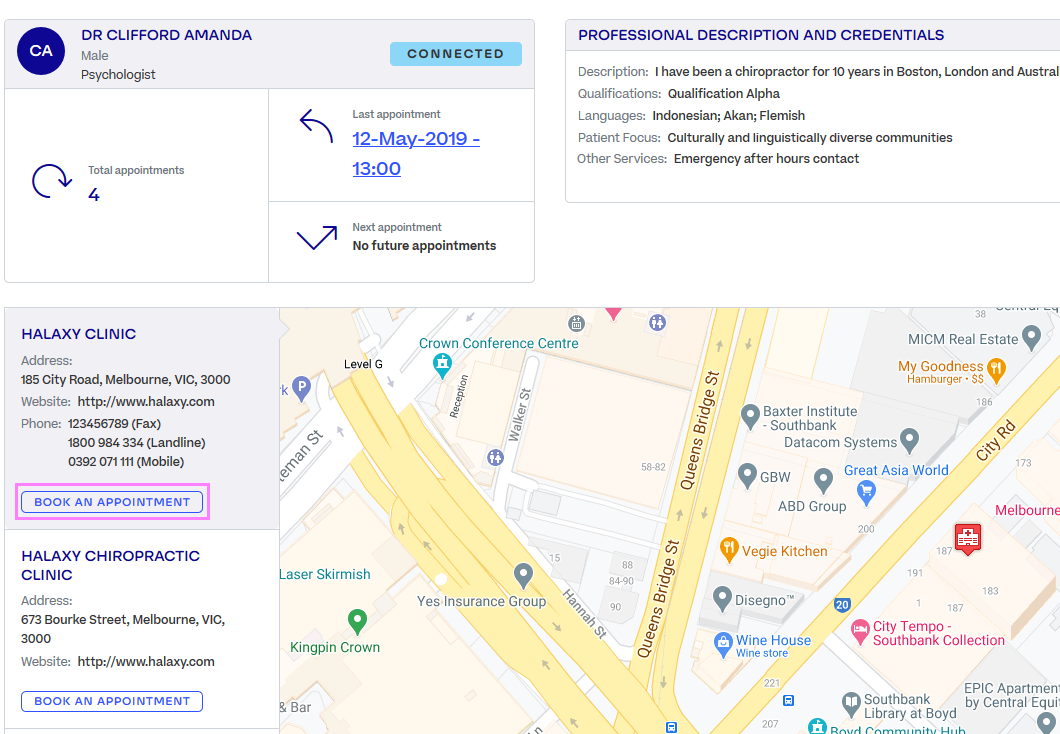 A practitioner's profile in the patient portal. "Book an Appointment" is highlighted.