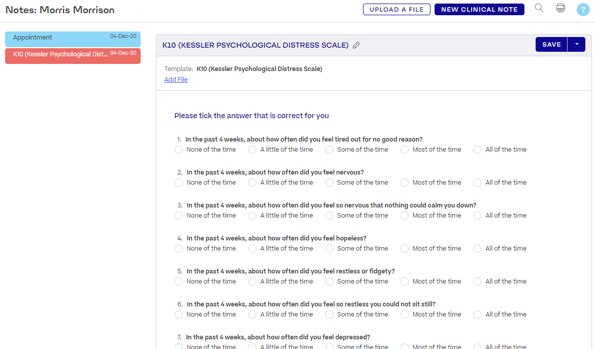 A K10 Psychological Distress questionnaire as a clinical note, with options to answer each question