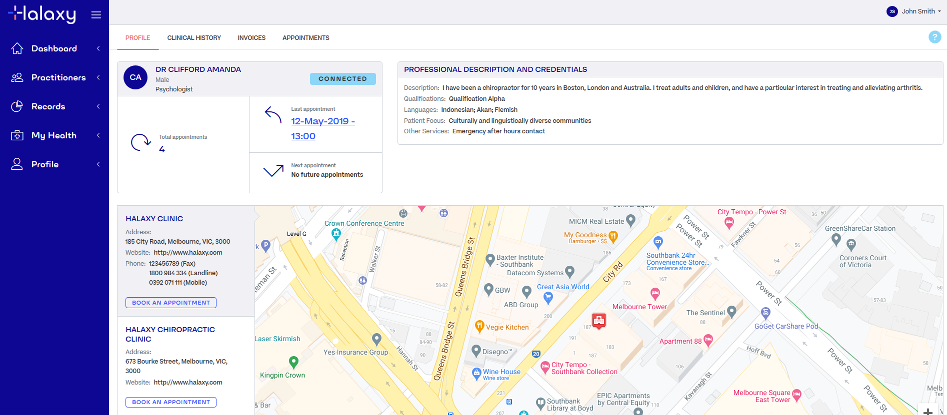 A practitioner profile in the patient portal, with options to book and a map
