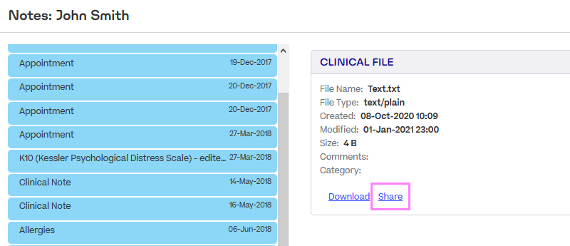 A patient's health notes. The Share link is highlighted for a note.
