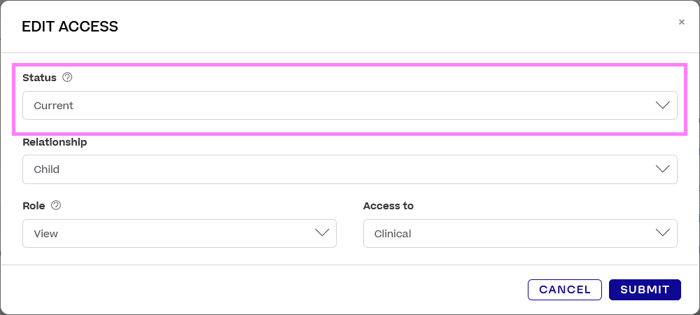 A pop-up titled Edit access. The Status drop-down menu is highlighted.