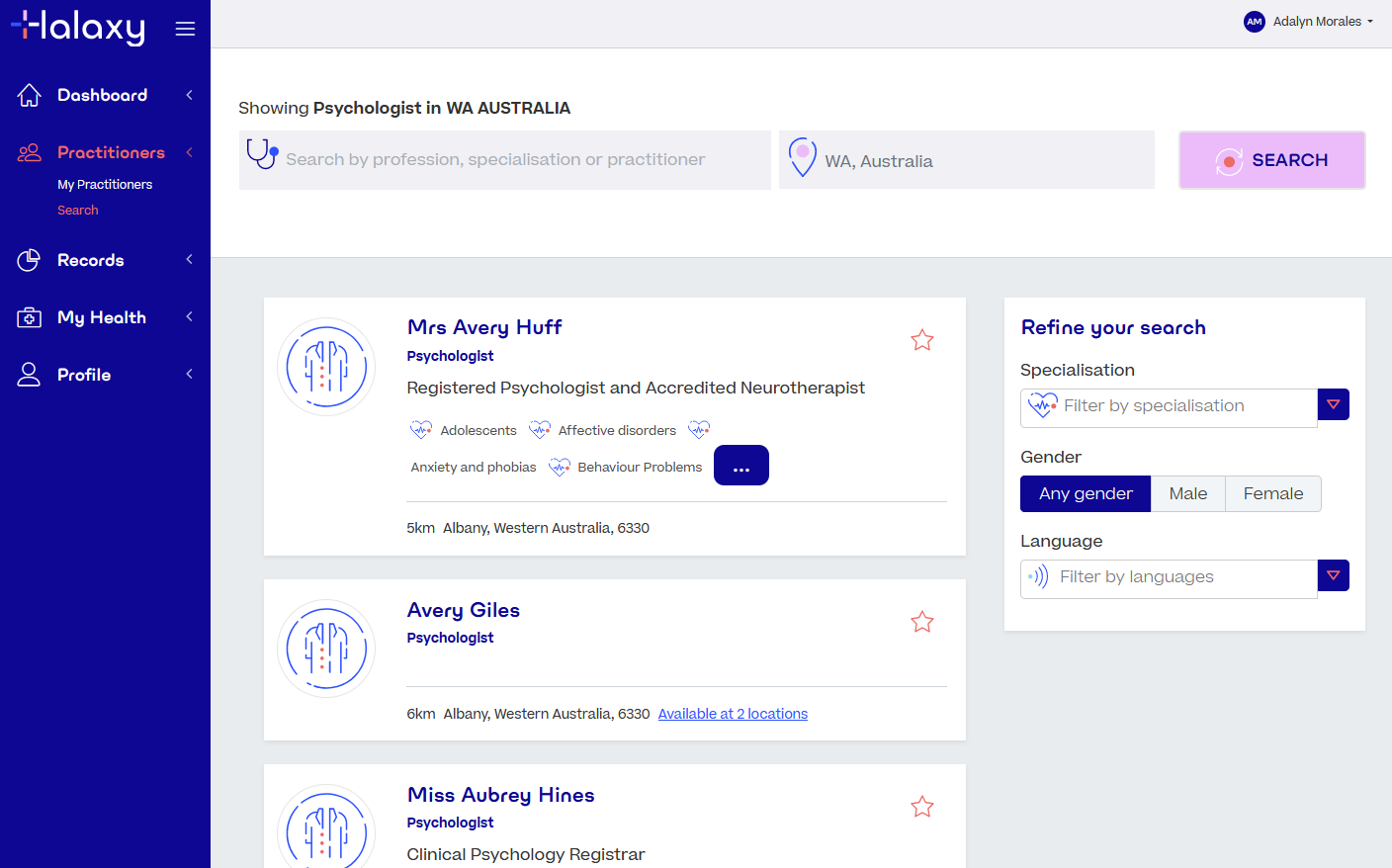 A page to search for practitioners with different search criteria