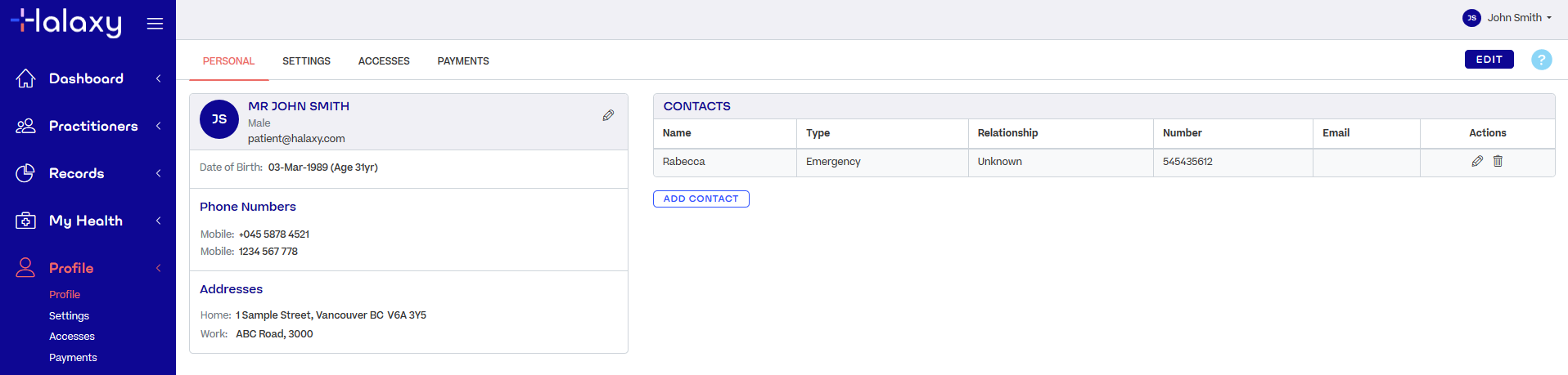 A page to edit your patient details in Halaxy