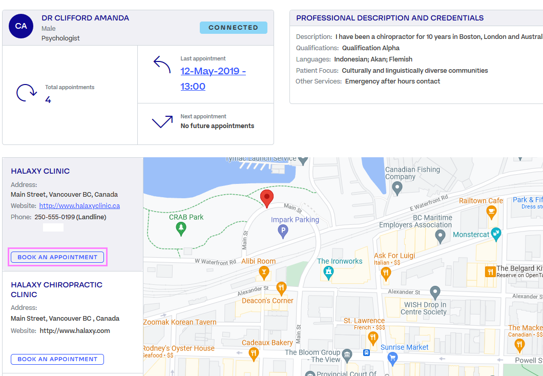 A practitioner's profile in the patient portal. "Book an Appointment" is highlighted.