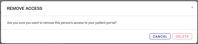 A pop-up confirming that you want to remove a person's access to your patient portal.