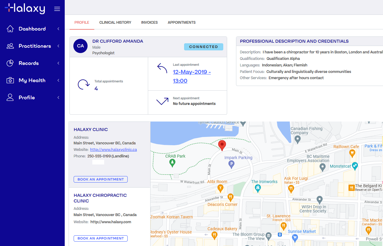 A practitioner profile in the patient portal, with options to book and a map