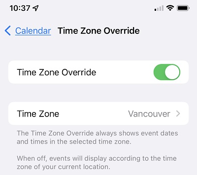 An iPhone's calendar settings. The Time Zone Override option is enabled.